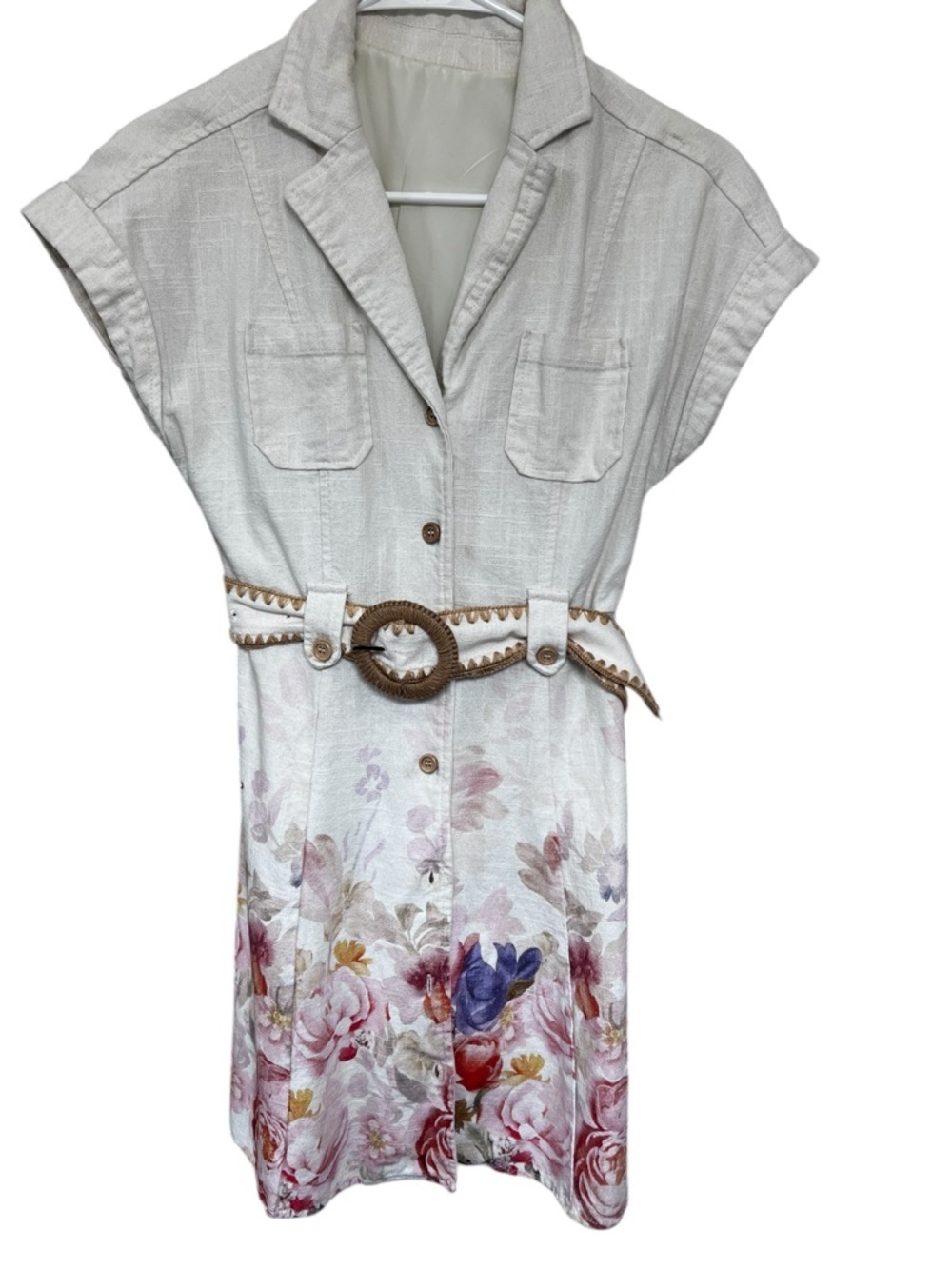 MOTF Floral Button-Front Linen Blend Shirt Dress with Woven Belt -Cream & Floral - Picture 1 of 3